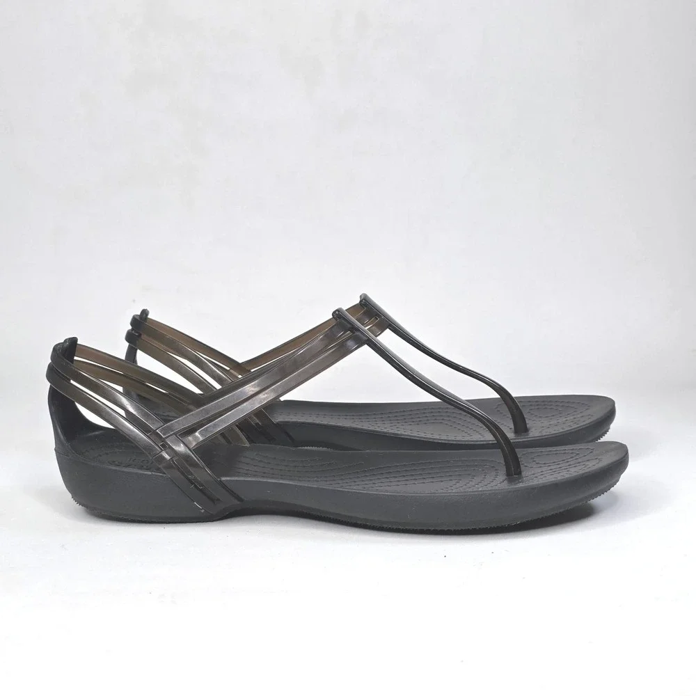 Crocs Isabella T-Strap Sandals Black Strappy Jelly Flat Slip On Shoes Women's 7